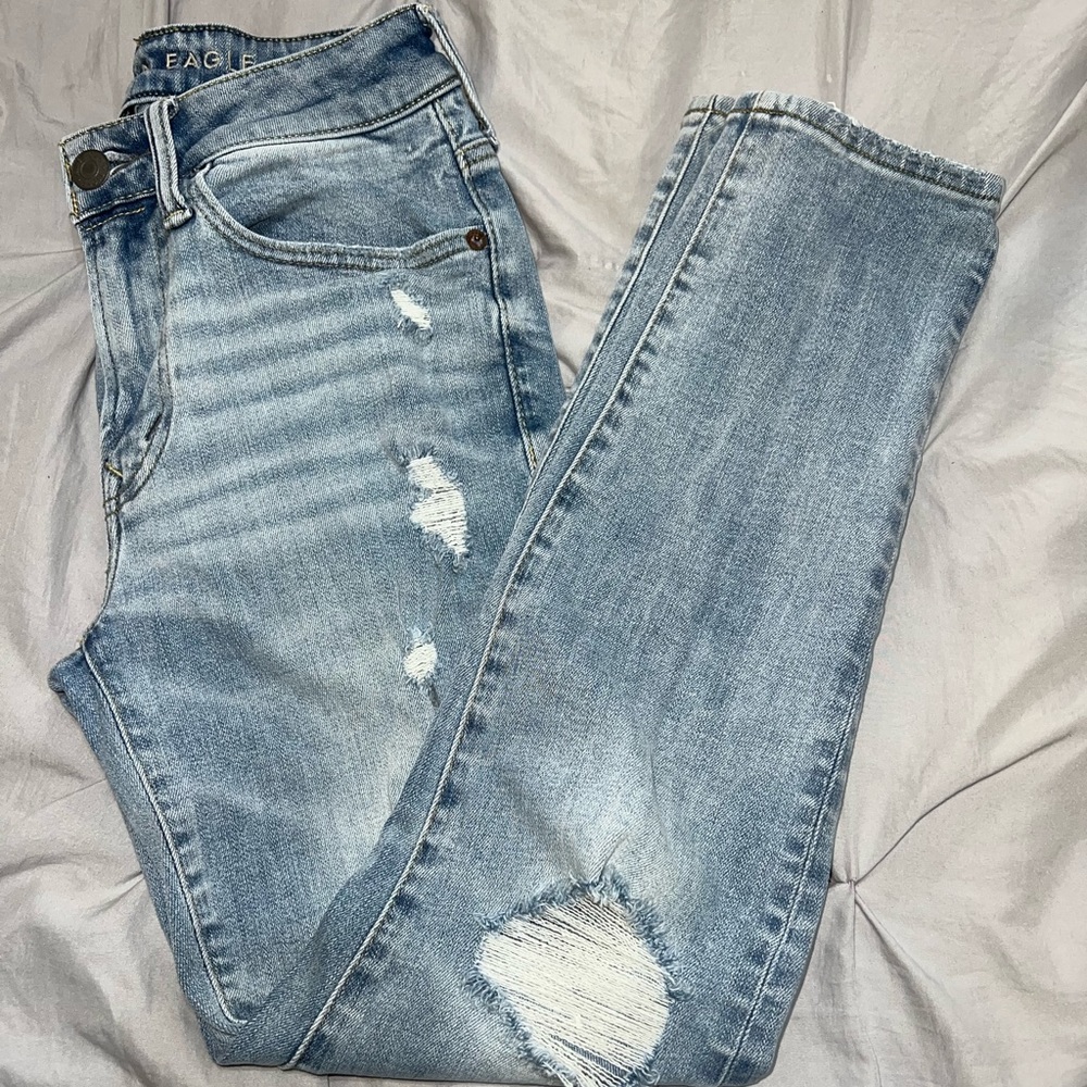 American eagle jeans, straight, men, light blue denim, ripped